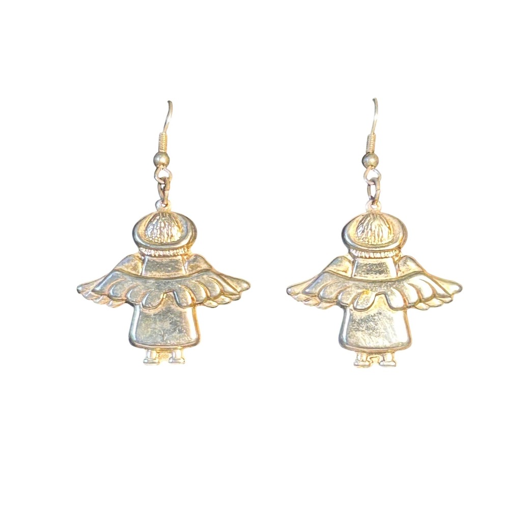 Vintage Angel Earrings Silver Tone Dangle Drop Religious Jewelry